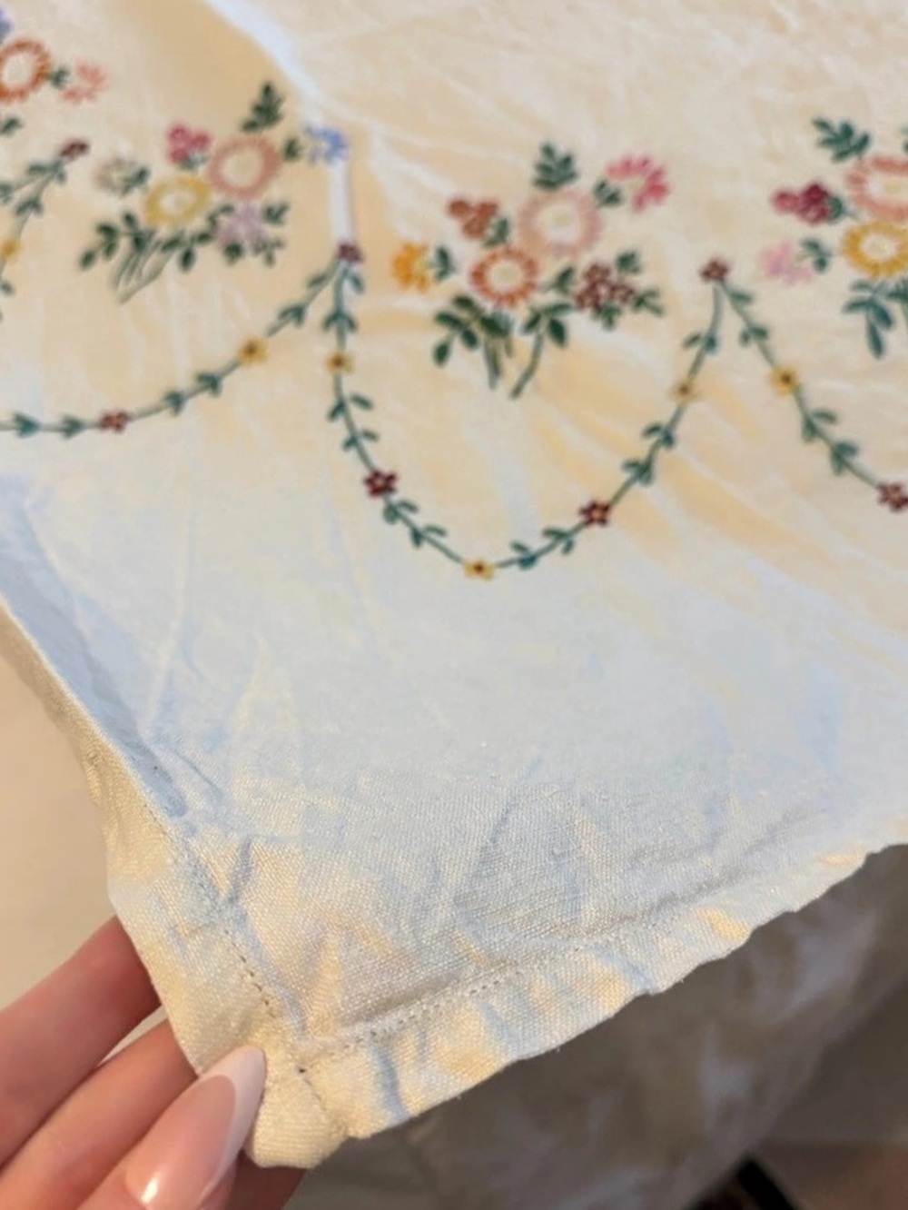 Vintage Linen Cotton Embroidered Floral Square Tablecloth in Cream Multicolor